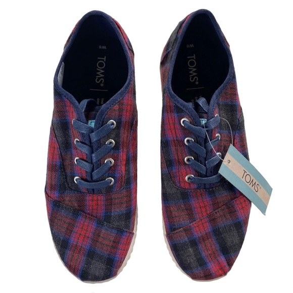 NEW Toms Shoes Womens Size 6 Cordones Indio Sneakers Navy + Red Crosshatch Plaid - Picture 3 of 14